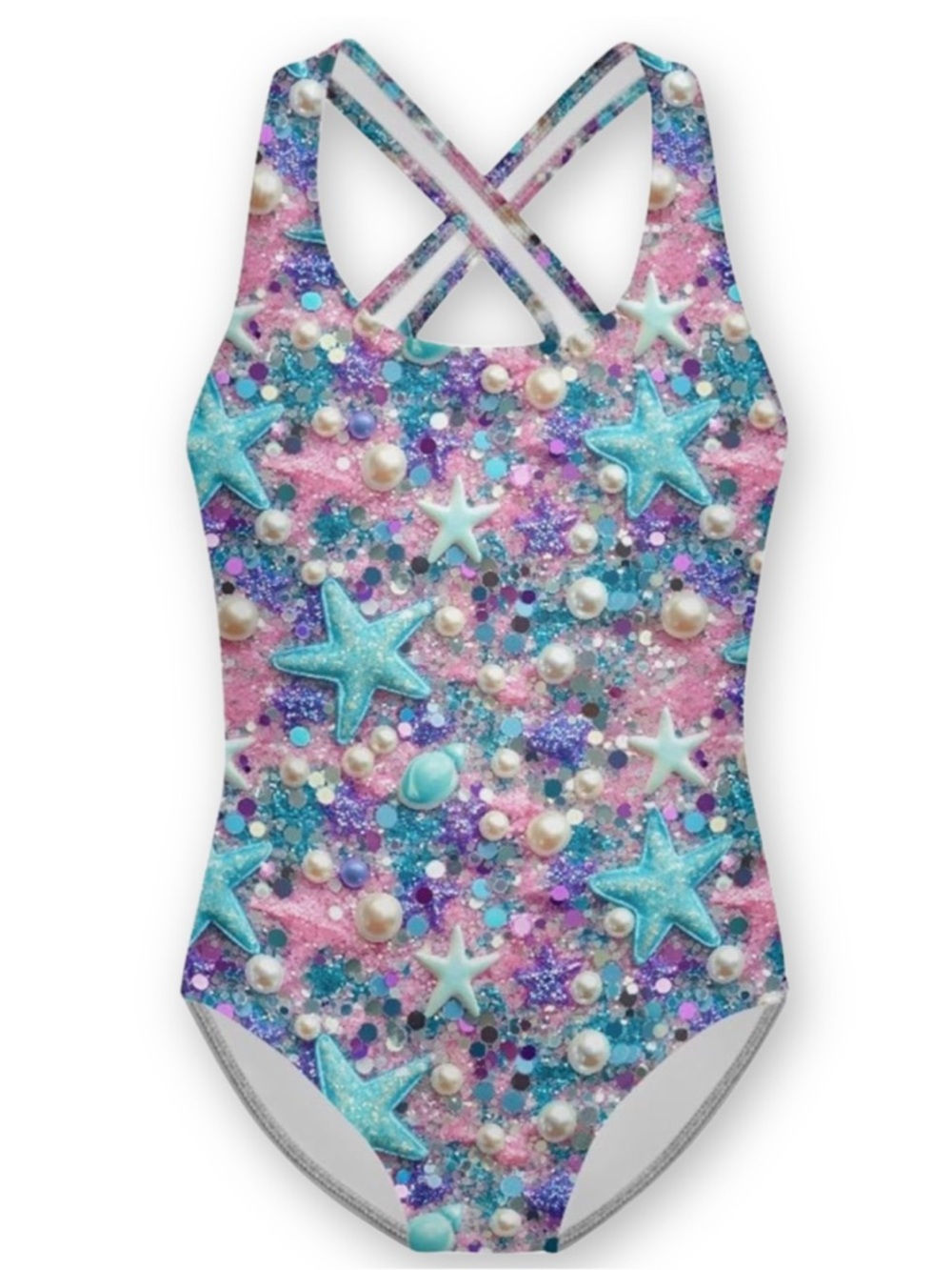 Girls Size 8 Premium Graphic Print Mermaid Starfish One Piece Swimsuit Lined